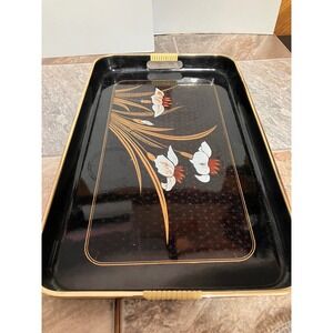 Vintage Toyo Japan Lacquerware Serving Tray Black Gold Floral Rectangular 19x11